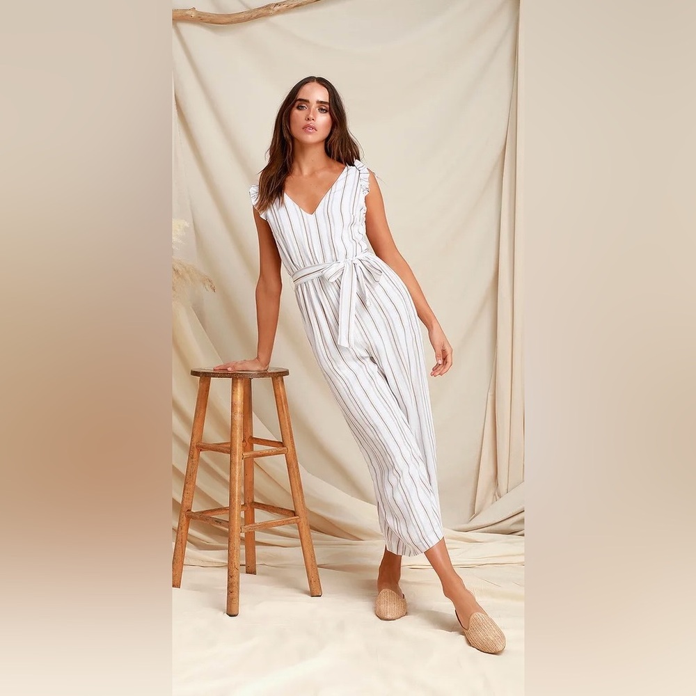 Lush | White & Taupe Striped Jumpsuit